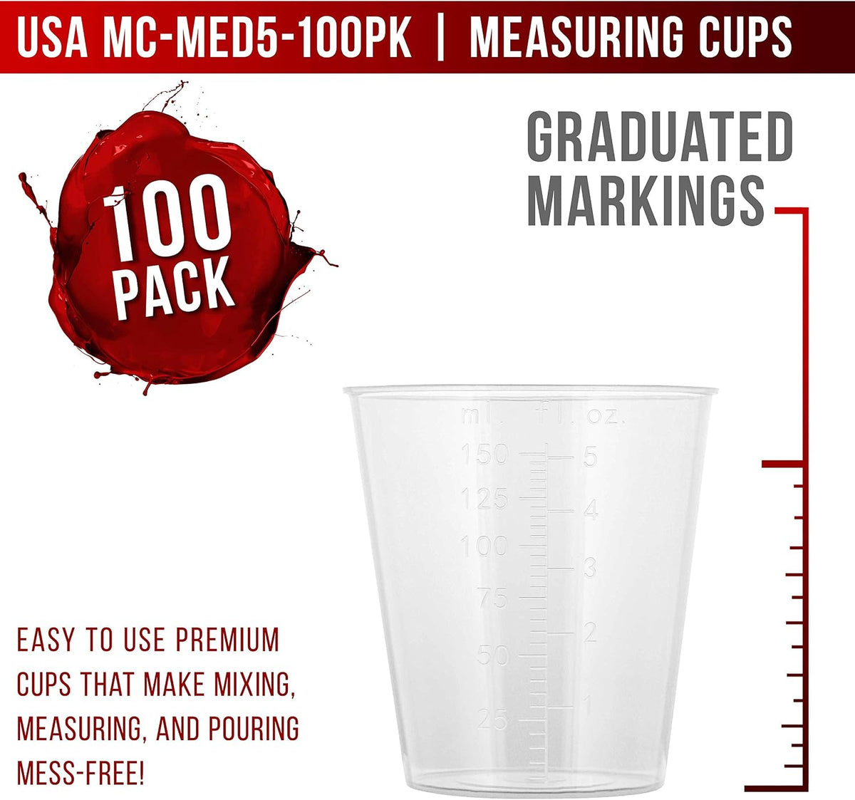 5 Oz (150 ml) Liquid Measuring Cups,100 Pack with 25 Sticks