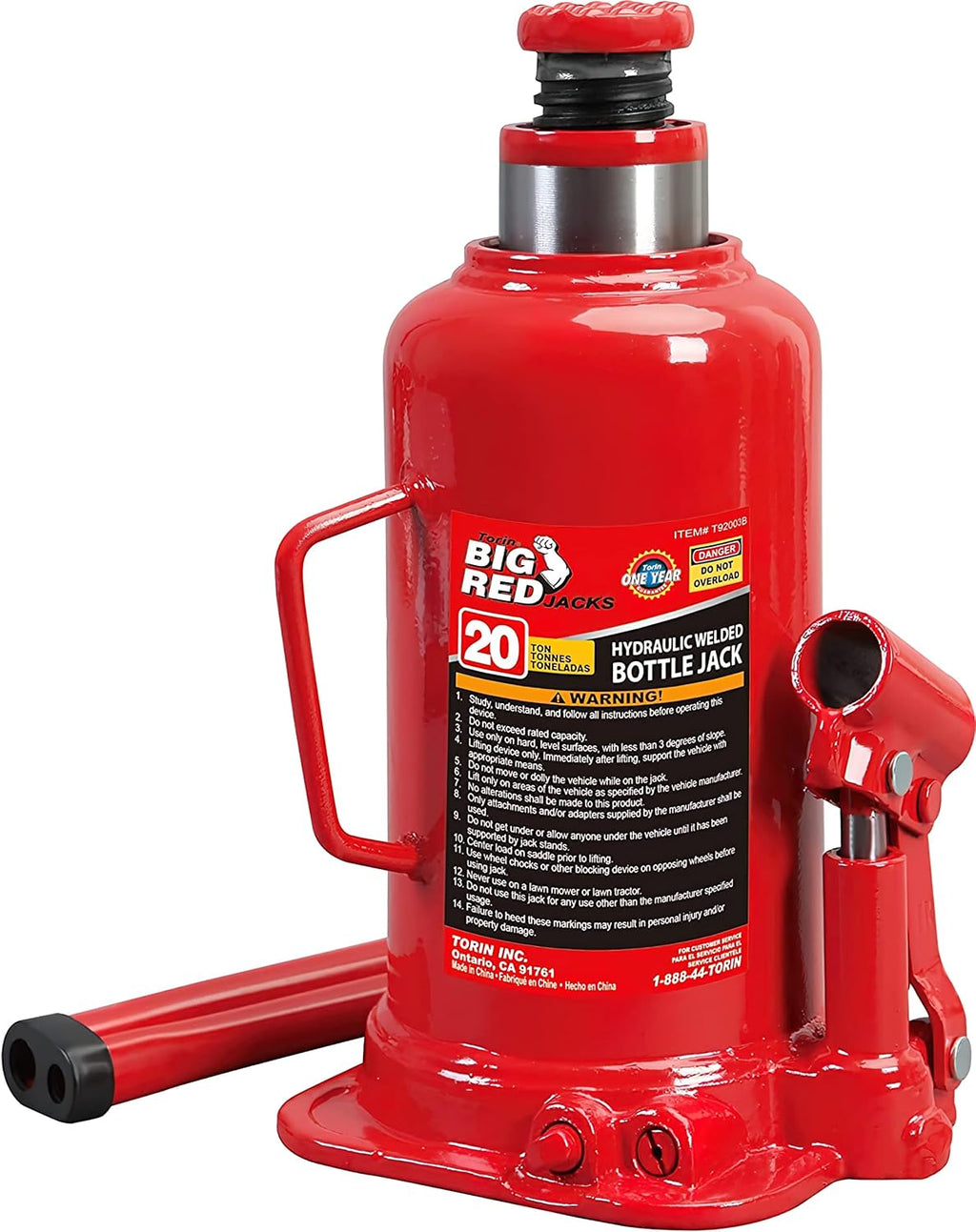 T92003B Torin Hydraulic Welded Bottle Jack, 20 Ton (40,000 lb) Capacity, Red