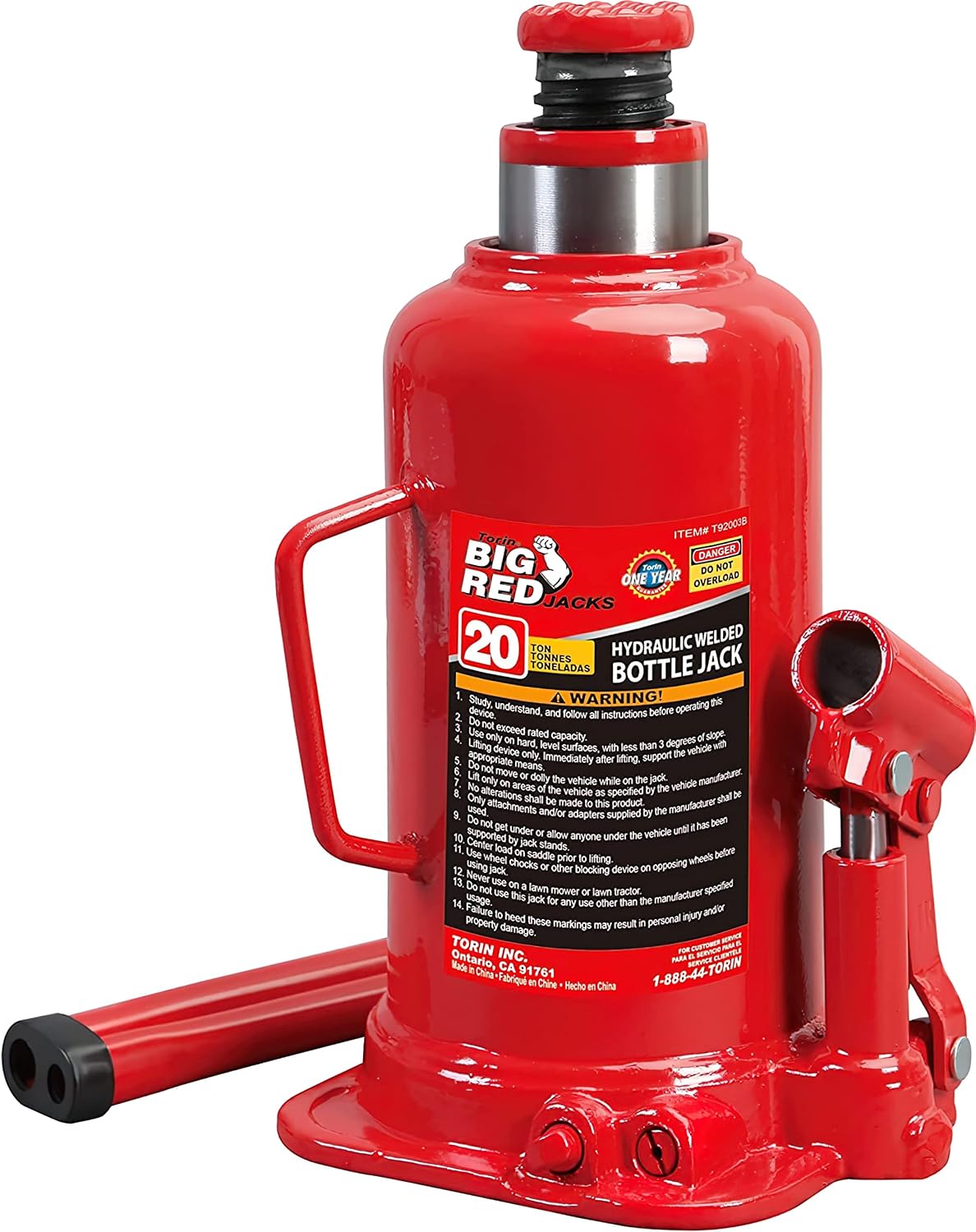 T92003B Torin Hydraulic Welded Bottle Jack, 20 Ton (40,000 lb) Capacity, Red
