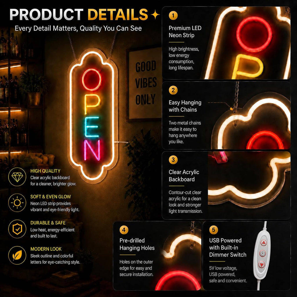 Open Sign for Business:LED Neon Window Sign for Storefronts