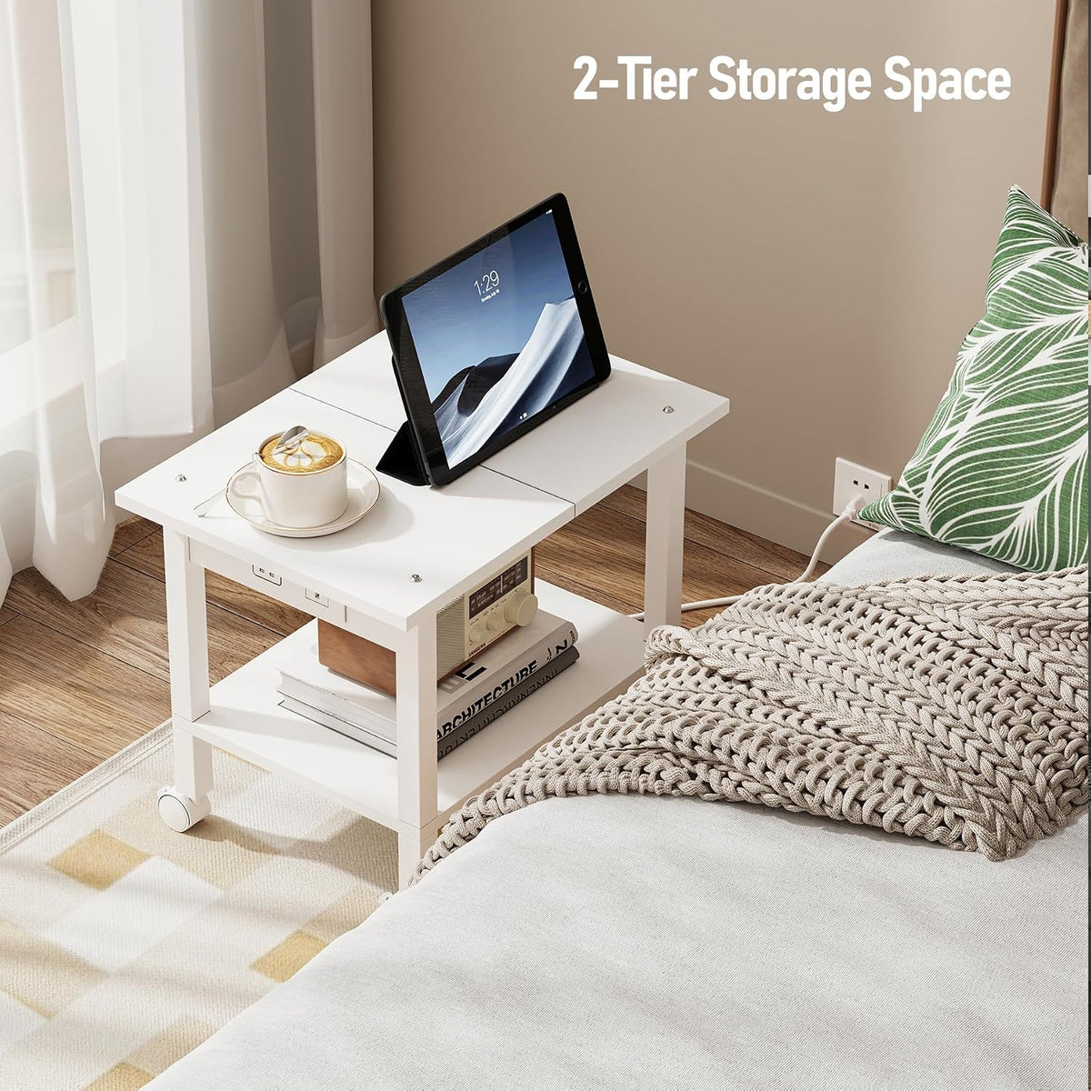 Printer Stand, 2 Tier Rolling Printer Cart with Charging Station | Small Under Desk Printer Table with Wheels for