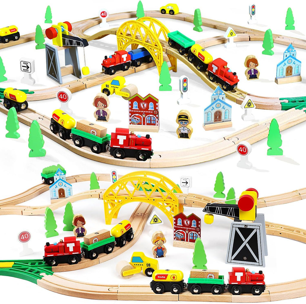 Wooden Train Set with Crane, 60-Pc Track, Boys 3-8 | Magnetic Snap-Together, Fits Thomas Brio Chuggington, Fine-Motor