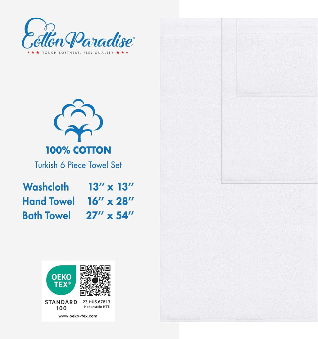 100% Cotton Turkish Towel Set, Soft Absorbent Quick Dry, 6 Piece Towel Set, Snow White