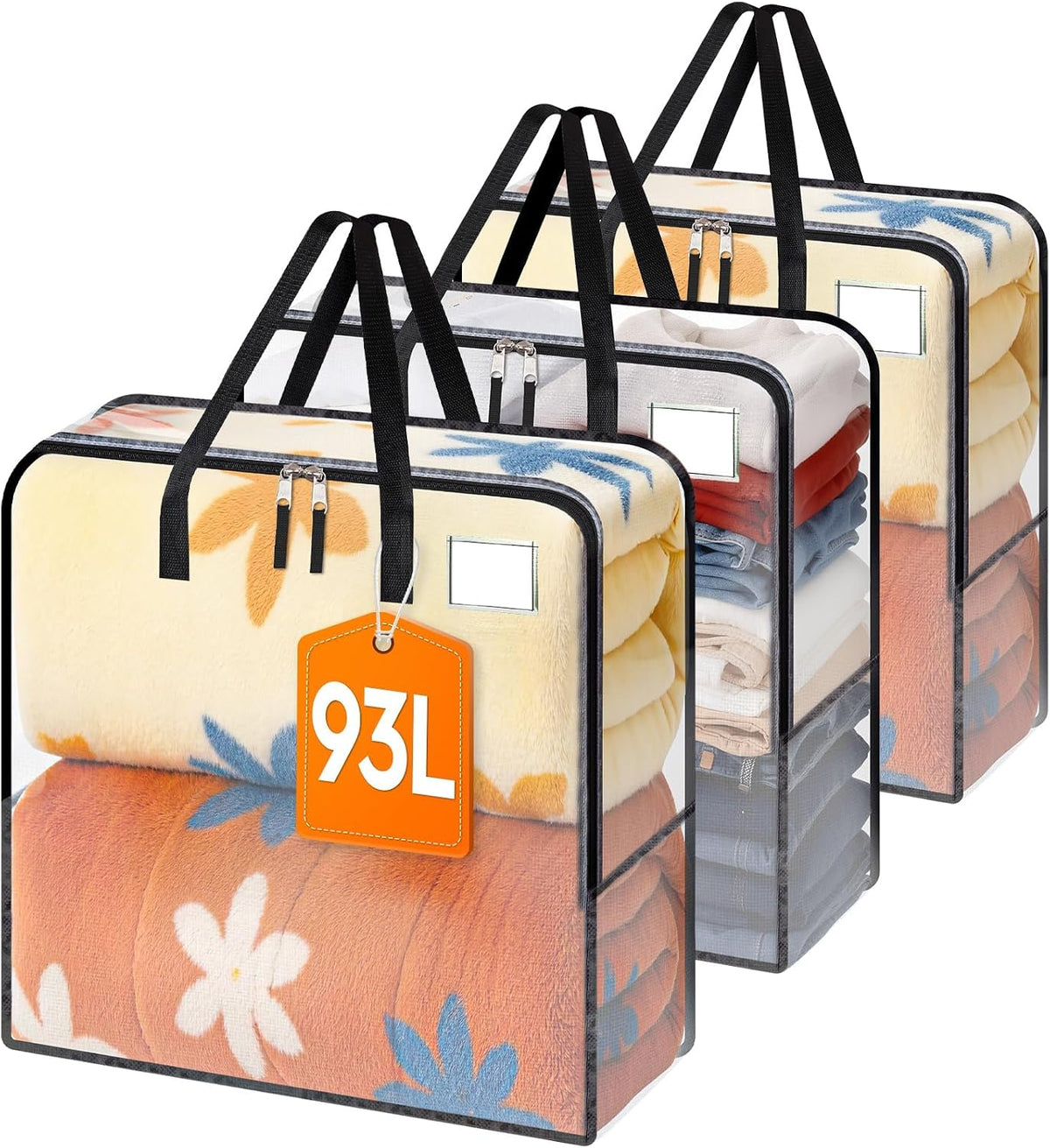 93L Moving Bags, Heavy Duty Clear Storage Bag with Strong Zippers & Handles