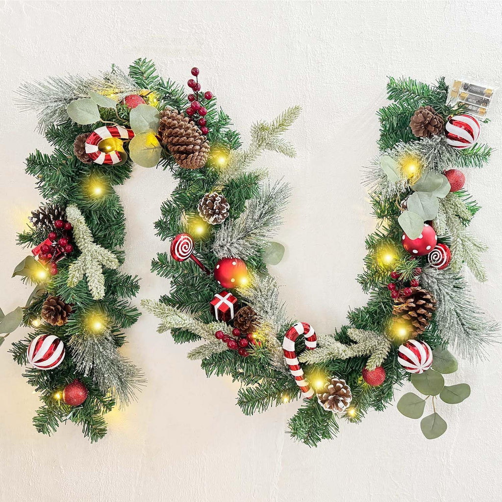 Pre-Lit 6 Feet/ 72 Inch Christmas Garland with Lights for Front Door Red White Christmas Mantel Garland Decoration