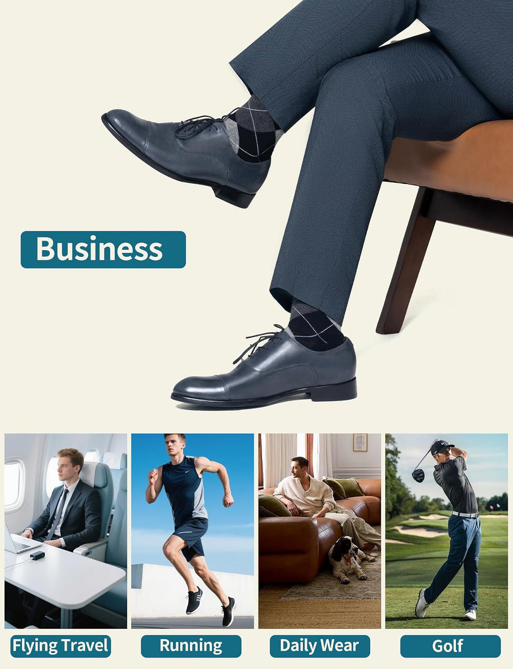 Men's Cotton Compression Socks 20-30 mmHg (3 Pairs) - Knee High Support for Circulation, Travel, Flying, Dress