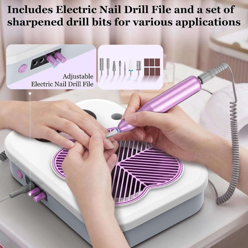 3-in-1 Nail Dust Collector with Electric Nail Drill & UV LED Lamp - Low Noise Nail Dust Vacuum with Reusable Filter &