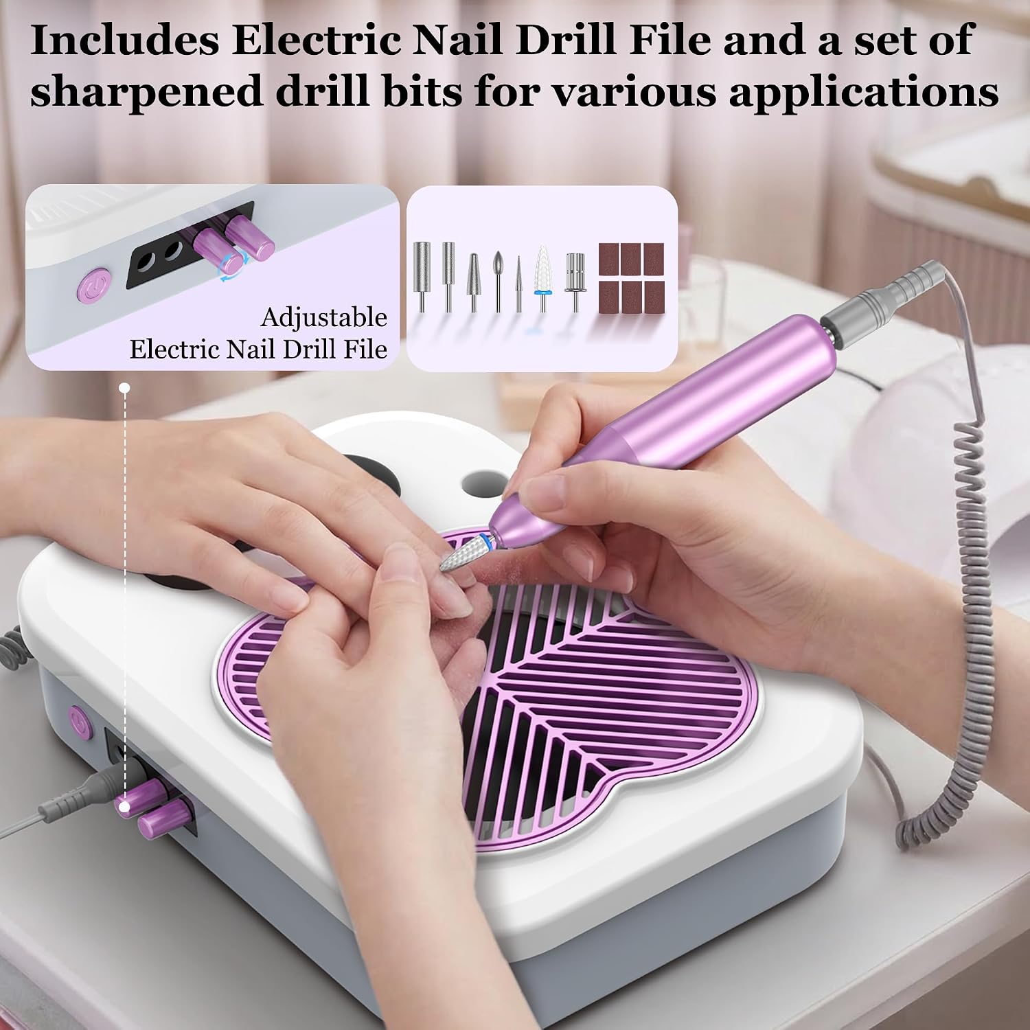 3-in-1 Nail Dust Collector with Electric Nail Drill & UV LED Lamp - Low Noise Nail Dust Vacuum with Reusable Filter &