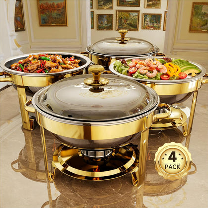 Chafing Dishes for Buffet, 4 Pack 5QT Round Stainless Steel Chafing Dish Set for Home Parties, Christmas Gatherings