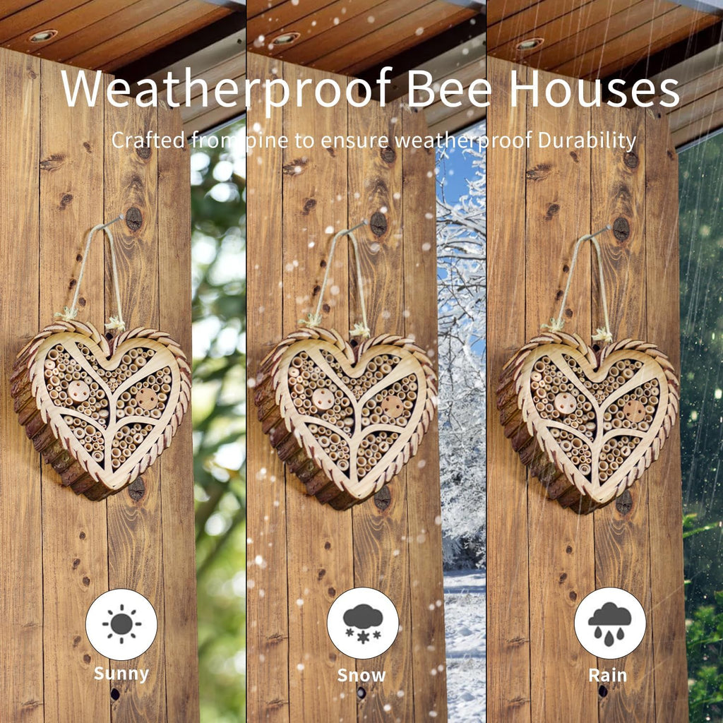 Mason Bee House, Heart-Shaped Wooden Bee House with Bamboo Tubes, Nesting Aid for Wild Bees, Natural Hanging Habitat