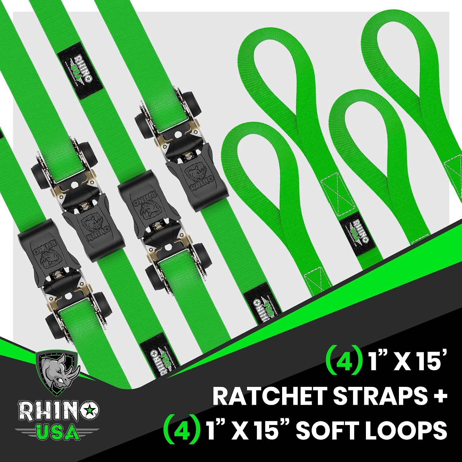 Ratchet Straps Tie Downs (4-Pack) - 1in x 15ft with S Hooks | 1,823lb break strength. Manual ratchet w/ S hooks &