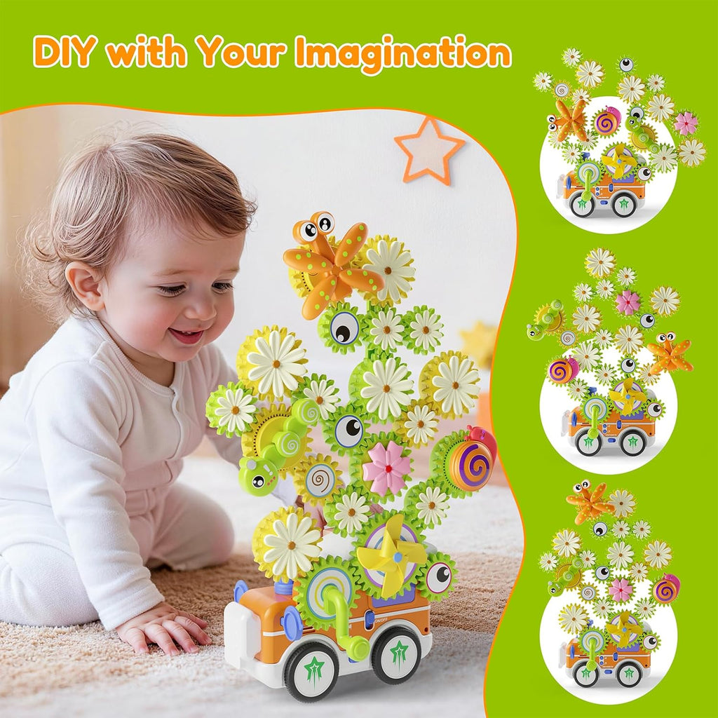 Gears Building Toys for Kids Ages 3+, STEM Construction Set for Toddlers, Train and Flower Models with Electric &
