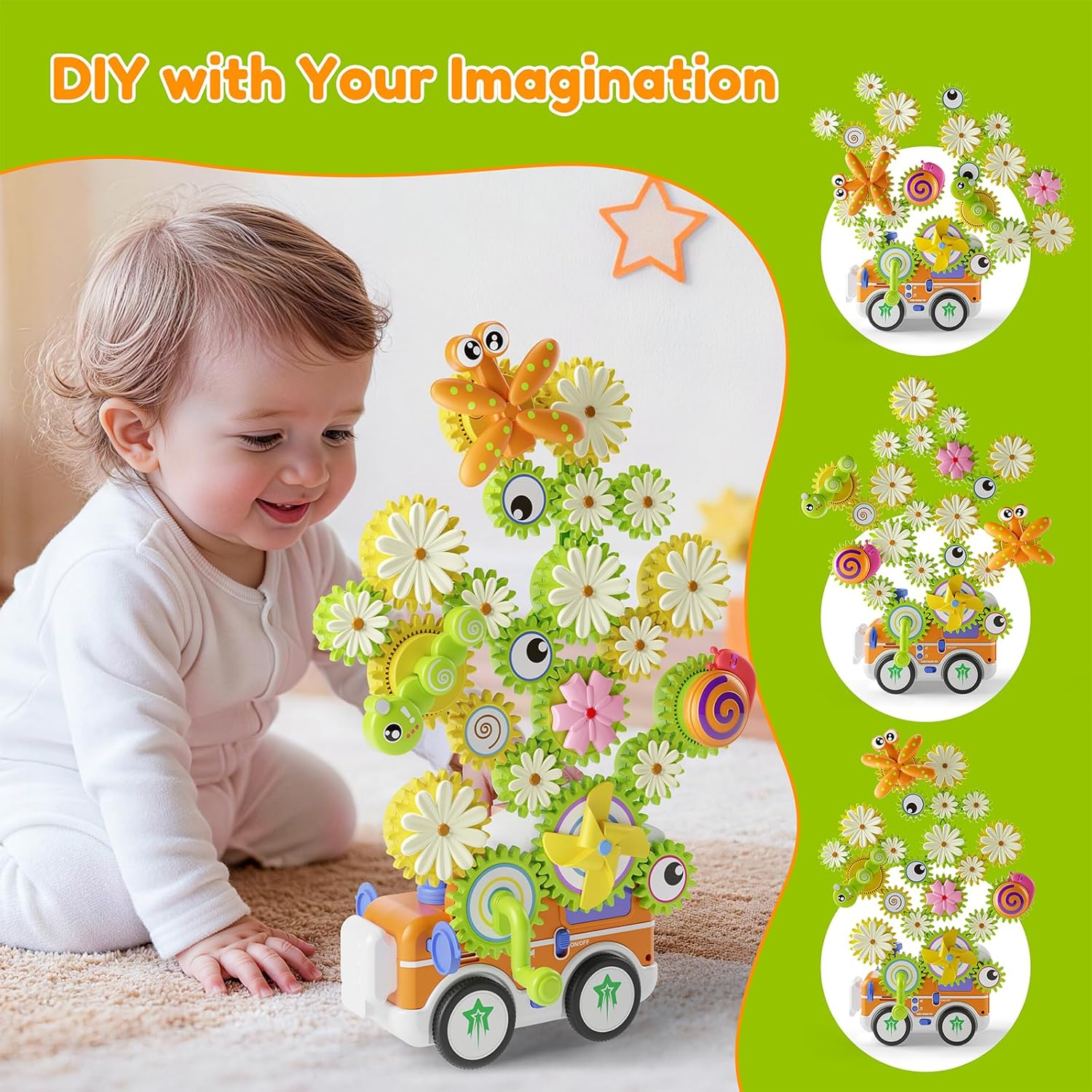 Gears Building Toys for Kids Ages 3+, STEM Construction Set for Toddlers, Train and Flower Models with Electric &