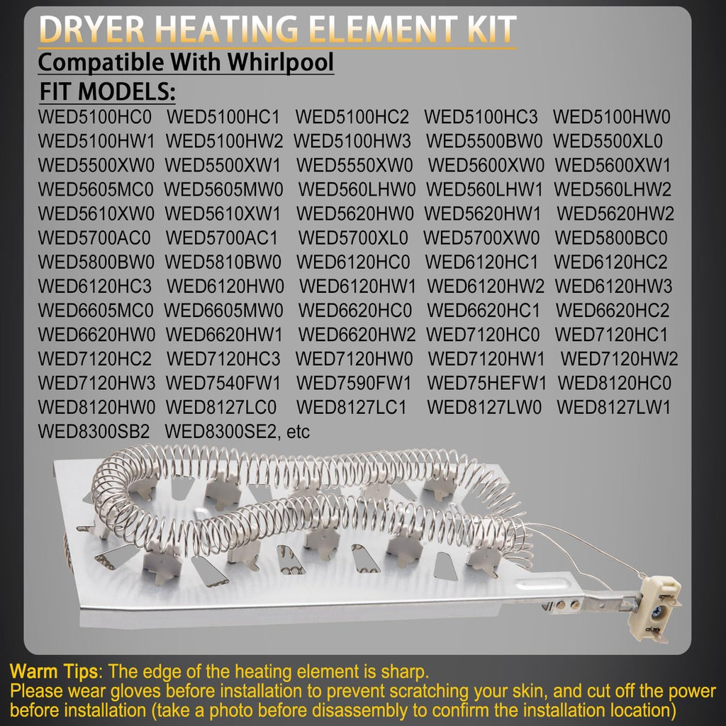 WED5100HW2 WED5100HC2 WED5100HW1 Dryer Heating Element Kit for Whirlpool
