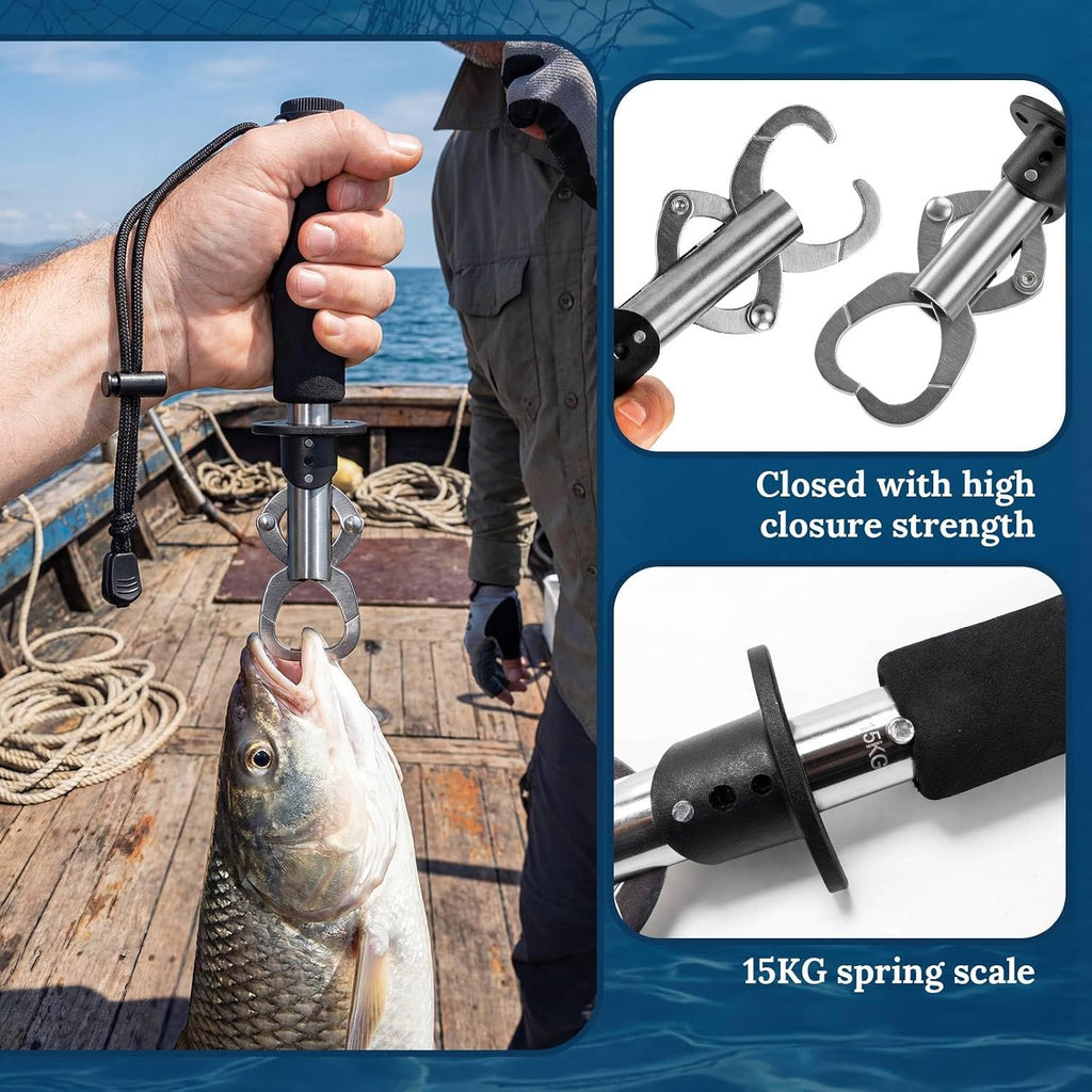 3 Pack Fish Lip Gripper with Scale 33lb Stainless Steel Fish Landing Tool with Non-Slip EVA Handle & Wrist Strap for