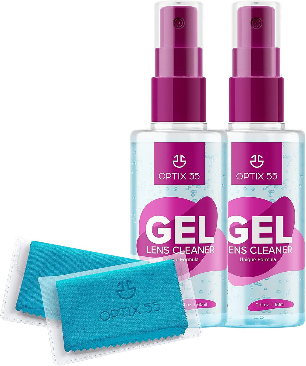 Gel Lens Cleaner Kit - (2) 2oz Eye Glasses Cleaner Gel Spray + (2) Microfiber Cleaning Cloths | Safe for AR Coated &