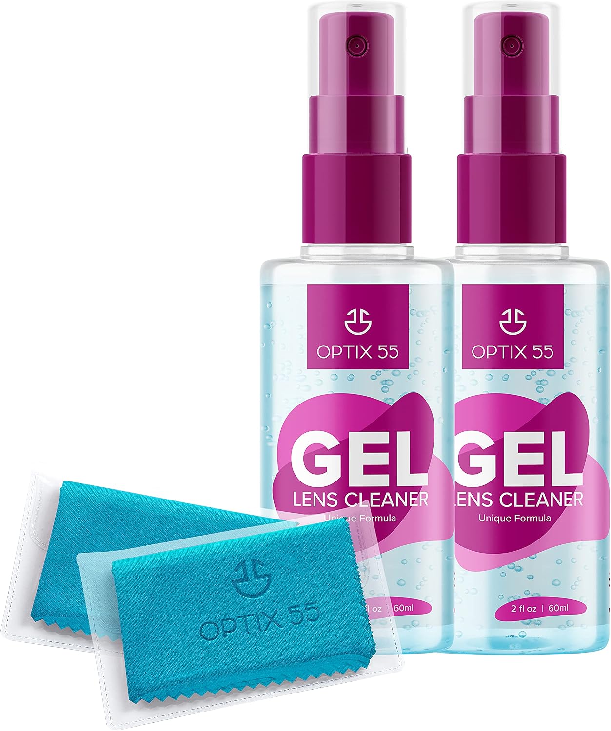 Gel Lens Cleaner Kit - (2) 2oz Eye Glasses Cleaner Gel Spray + (2) Microfiber Cleaning Cloths | Safe for AR Coated &
