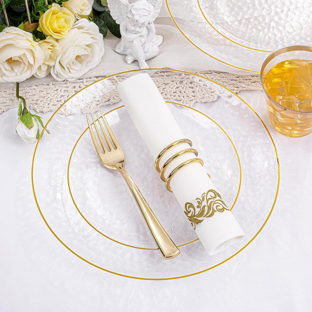 175 Pcs Plastic Dinnerware Set (25 Guests), Clear And Gold Plastic Plates, Hammered Party Plates Include Dinner