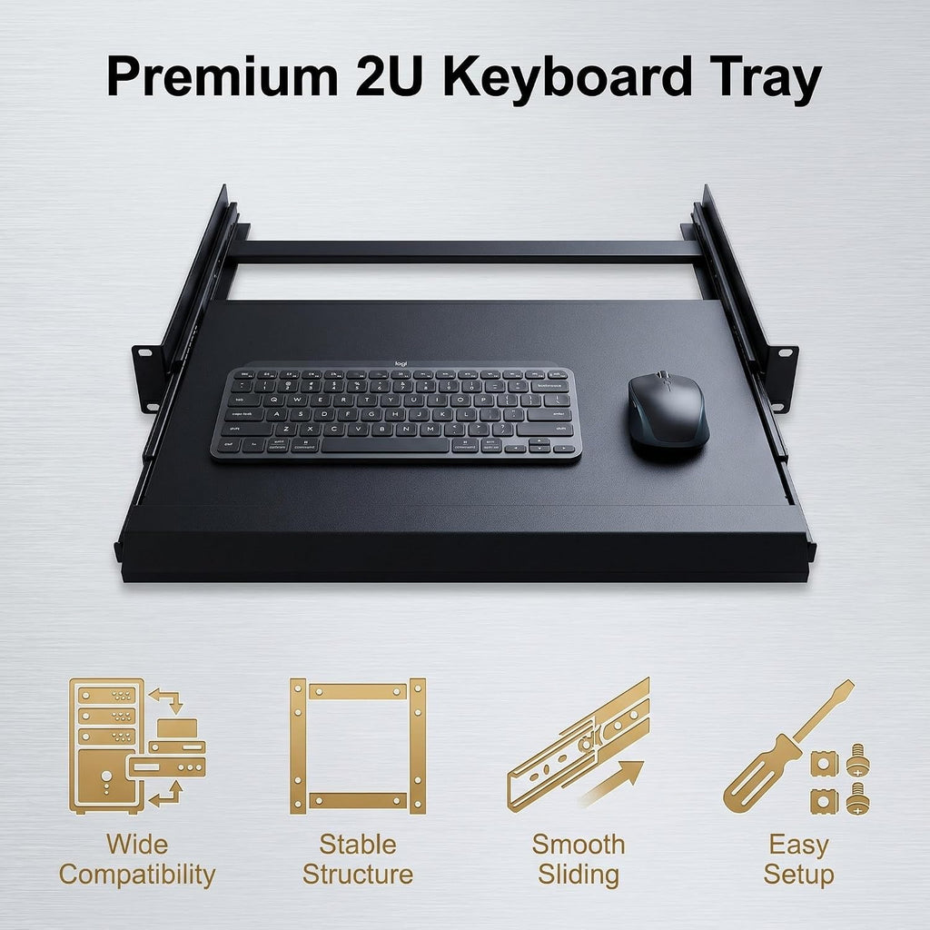 2U Keyboard Tray 12" Depth -Universal 19" Rack Mount Sliding Shelf