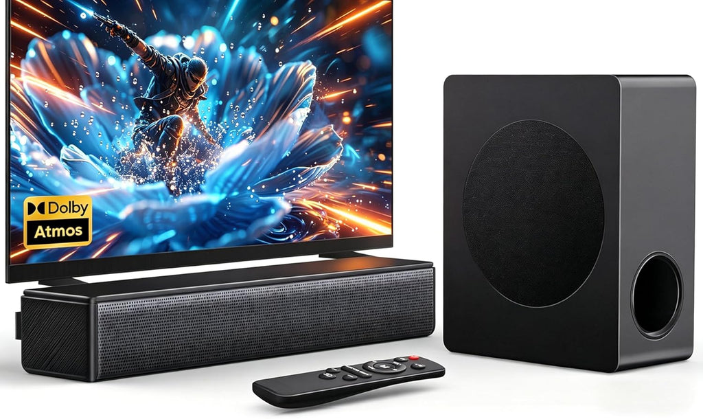2.1 CH Sound bar with Subwoofers, 100W Sound Bar for Smart TV, Dolby Atmos Surround Sound System, Adjustable Home