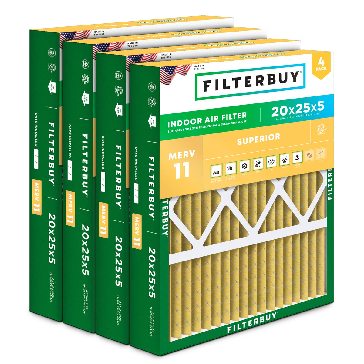 20x25x5 Air Filter MERV 11 Pet & Allergy Defense (4-Pack)