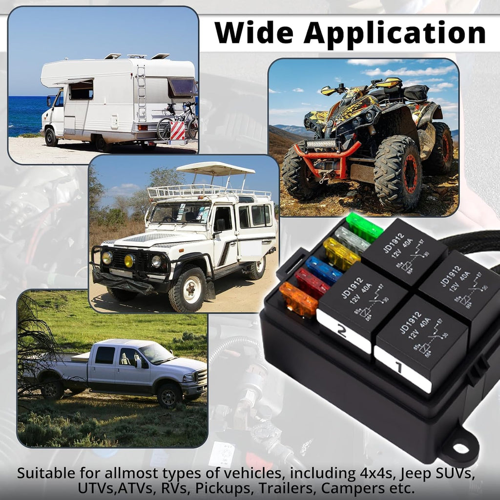 12V Pre-Wired Fuse and Relay Box Kit with 4 x 40A Relays & 6 ATC/ATO Fuses, Universal 4-Pin Relay Block for Cars, Trucks
