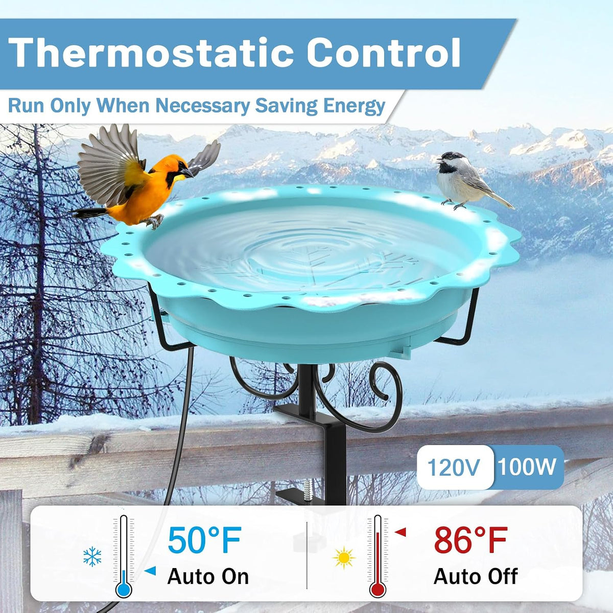 100W Heated Bird Baths for Outdoors, Heated Birdbath Outside Winter, Blue