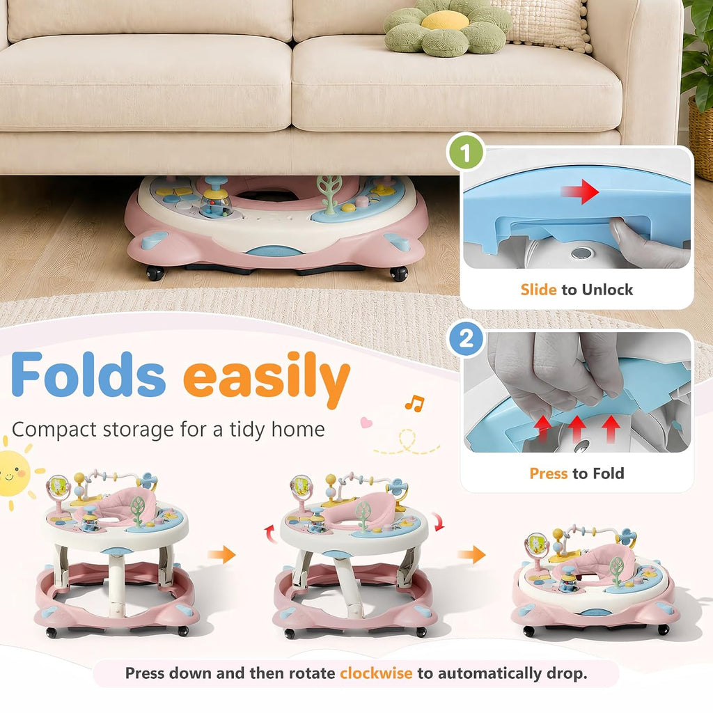 Baby Walker with Wheels, Foldable Baby Walker for Baby 6-12 Months, 3-Position Rotating Seat with Interactive
