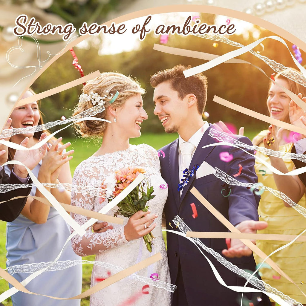 150 Pcs Lace Ribbon Stick Wands Wedding Wand Streamers with Bell Wedding Send Off Streamer(Champagne, Beige)