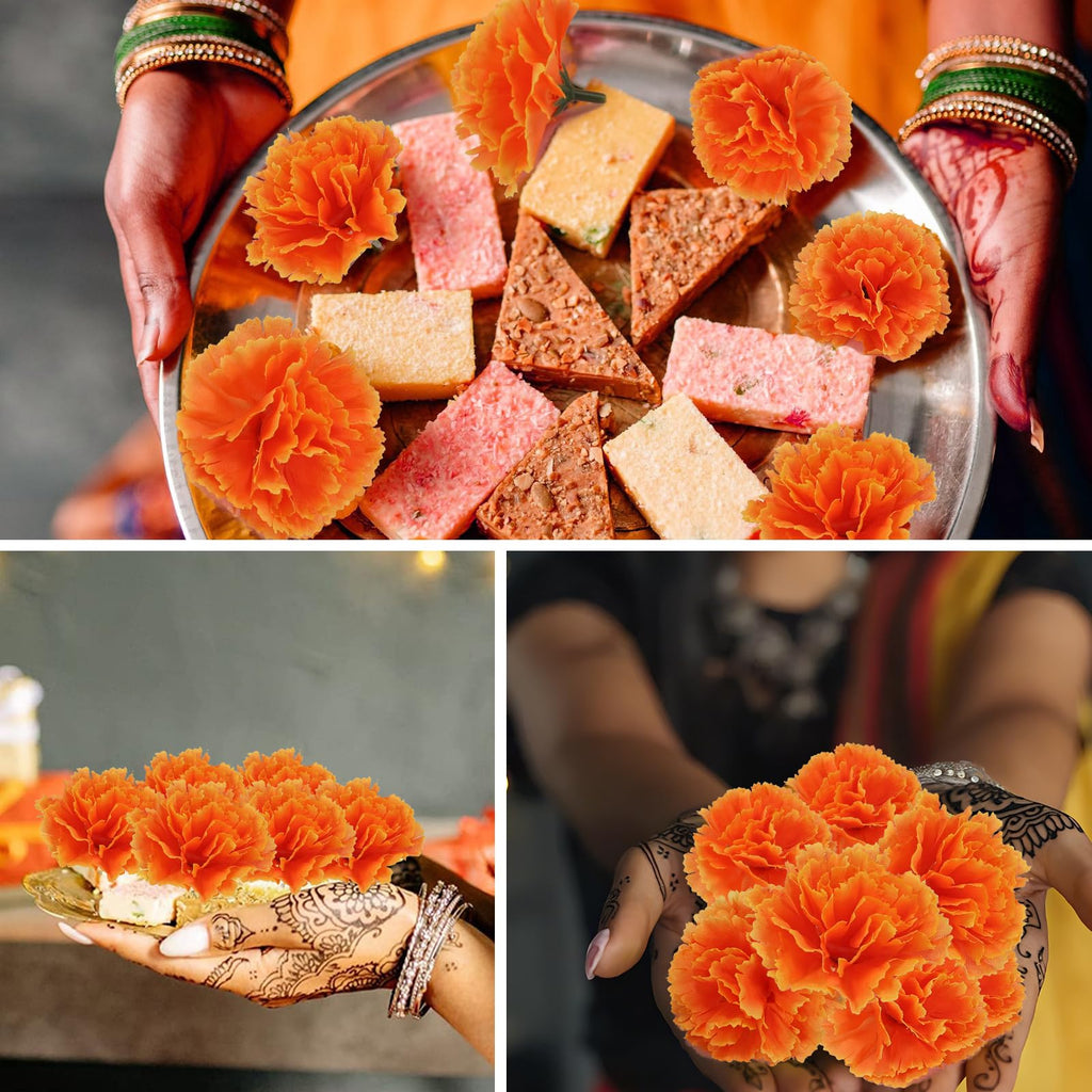 100PCS Orange Artificial Marigold Flower Heads with Stems