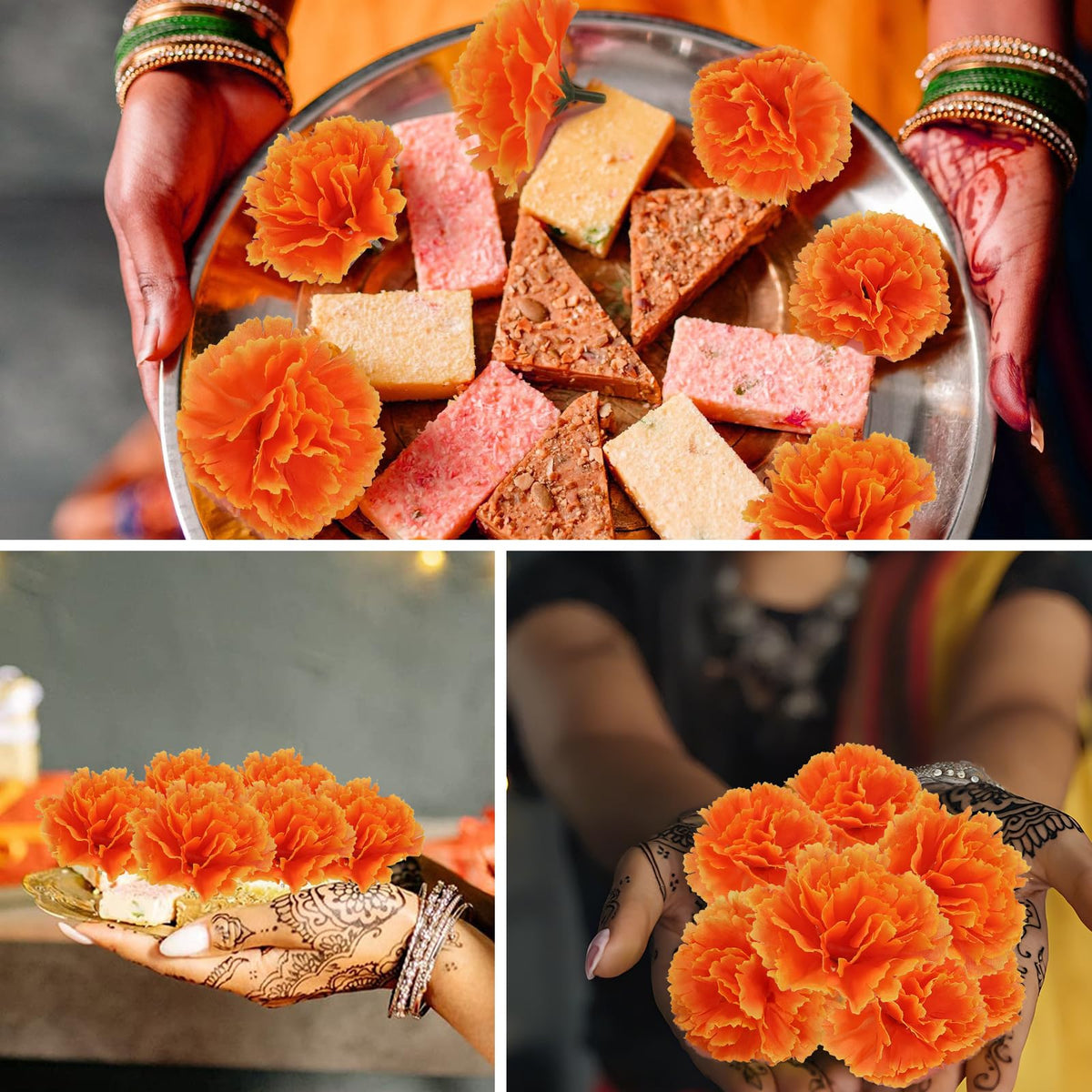 100PCS Orange Artificial Marigold Flower Heads with Stems