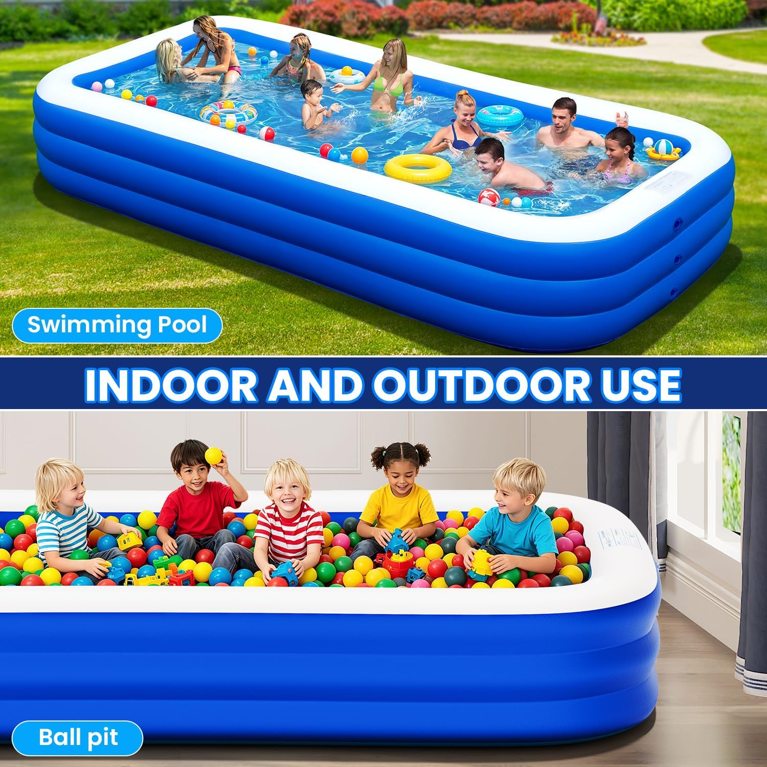 Extra Large Inflatable Pool for Adults, 145" x 74" x 22" Oversized Blow Up Family Swimming Pool, Durable Thickened