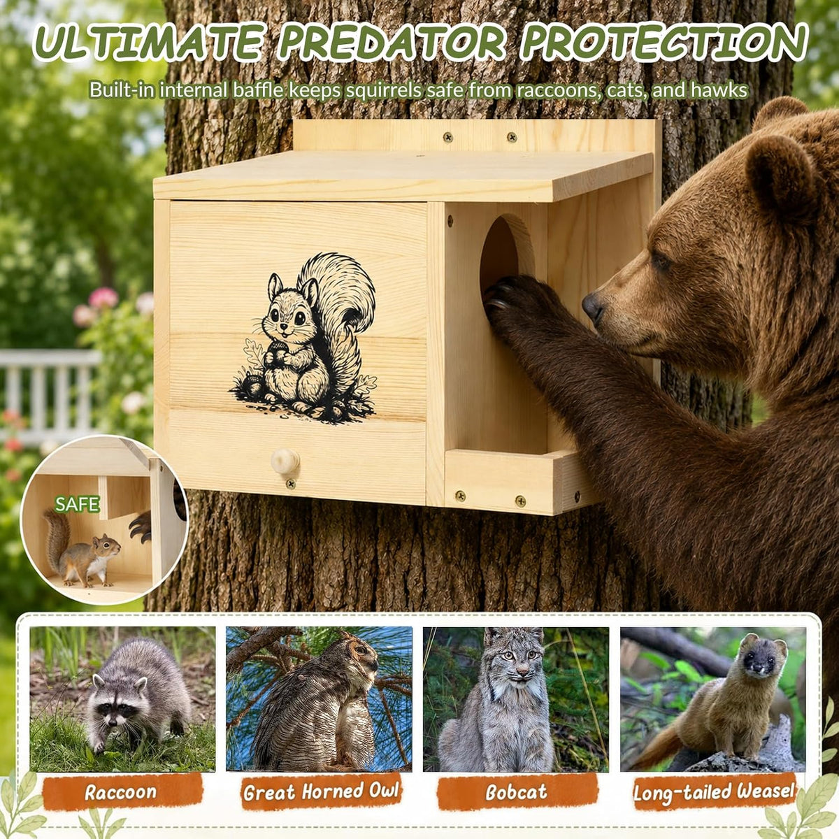 Large Squirrel House for Outside, Squirrel Nesting Box with Squirrel Feeder