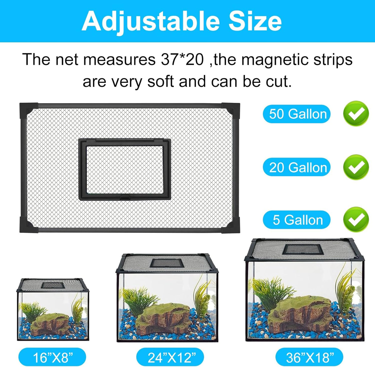 Fish Tank Lid Magnetic Aquarium Net Cover with Feeding Window 5-50 Gallon Aquarium Lid Anti-Jumping Net for Fish 11.8