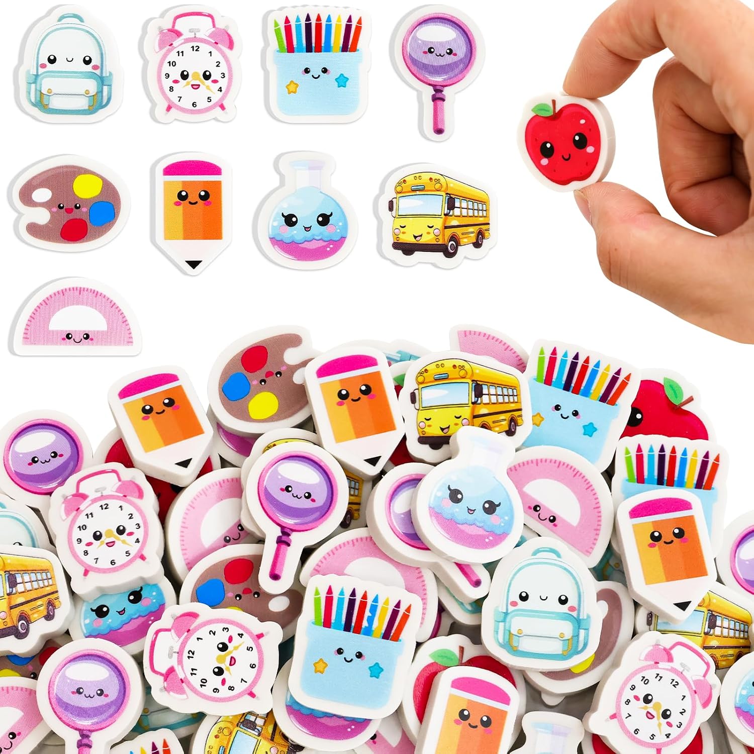 60Pcs Back to School Erasers Bulk Mini Pencil Erasers | Schoolbag, School Bus, Alarm, Pens Eraser, Student Classroom
