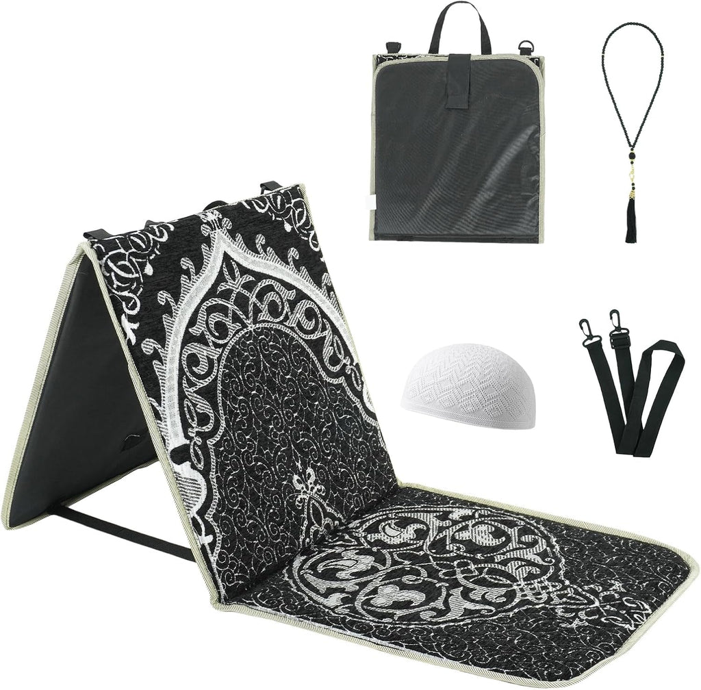 Portable Prayer Mat, Foldable Prayer Rug with Back Support, 36x78cm Islamic Prayer Mat, Includes Kufi Hat & 99 Beads