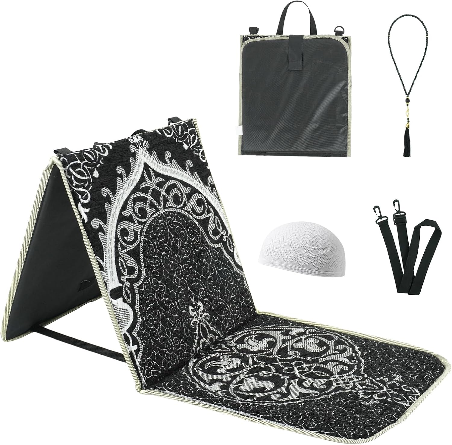 Portable Prayer Mat, Foldable Prayer Rug with Back Support, 36x78cm Islamic Prayer Mat, Includes Kufi Hat & 99 Beads
