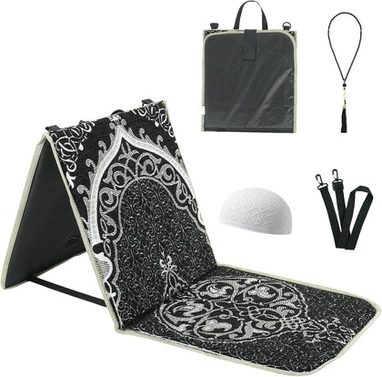 Portable Prayer Mat, Foldable Prayer Rug with Back Support, 36x78cm Islamic Prayer Mat, Includes Kufi Hat & 99 Beads