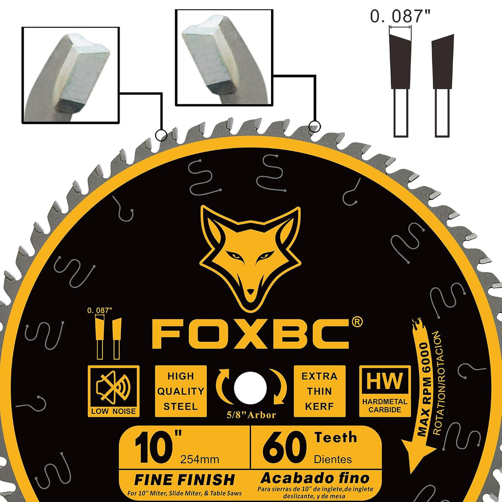 10 Inch Thin Kerf Fine Finish Crosscut Table Saw Blade, 60-Tooth ATB, with 5/8-Inch Arbor