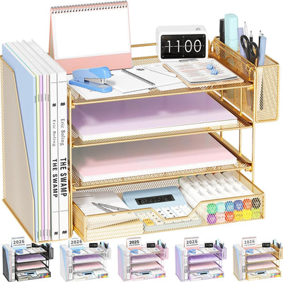 Desk Organizers and Accessories, 4-Tier Office Desk Accessories & Workspace Organizers with Drawer and Pen Holder