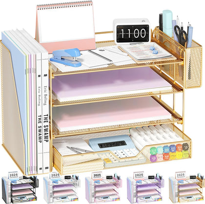 Desk Organizers and Accessories, 4-Tier Office Desk Accessories & Workspace Organizers with Drawer and Pen Holder