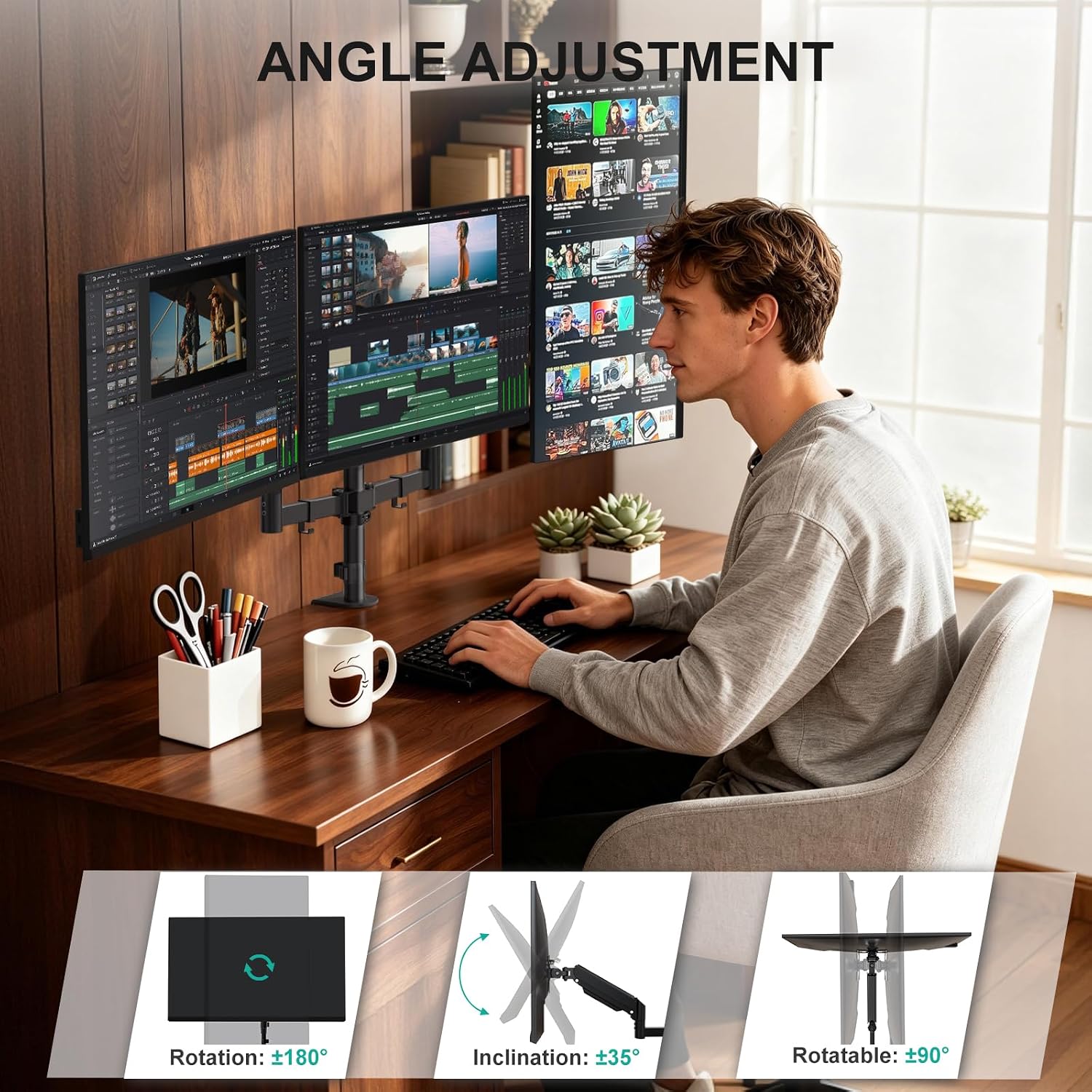 Triple Monitor Mount for 13-32 inch Screens, up to 17.6 lbs per Arm | Adjustable 3 Monitor Desk Mount with Swivel