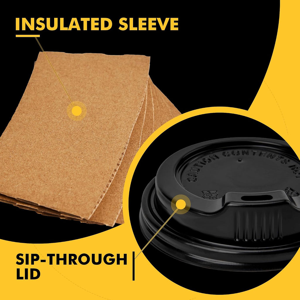 12 oz 50 pack Disposable Paper Coffee Cups with Lids and Sleeves