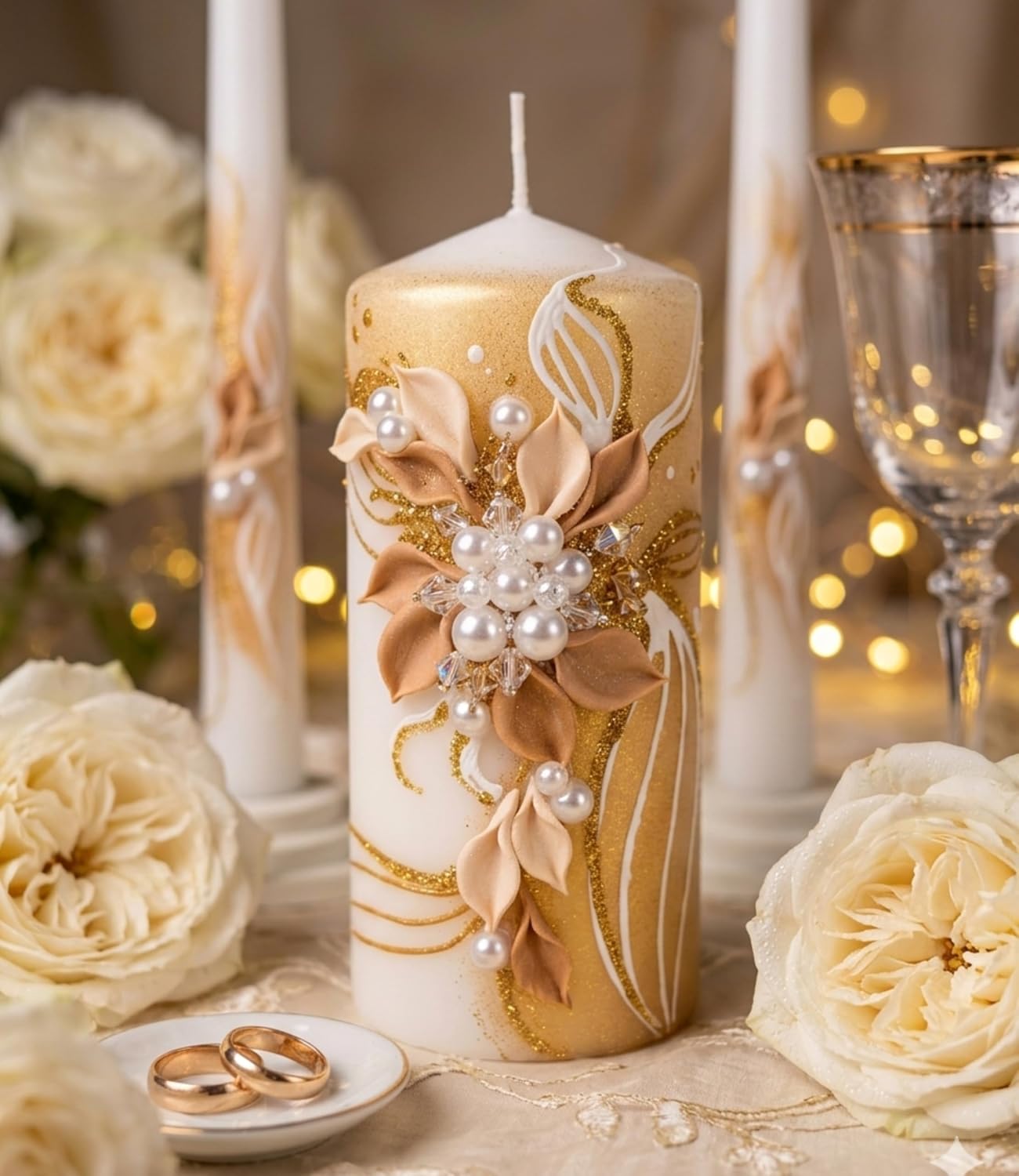 Golden Blossom Unity Candle Set for Wedding Ceremony & Reception, White & Gold Wedding Unity Candles with Floral