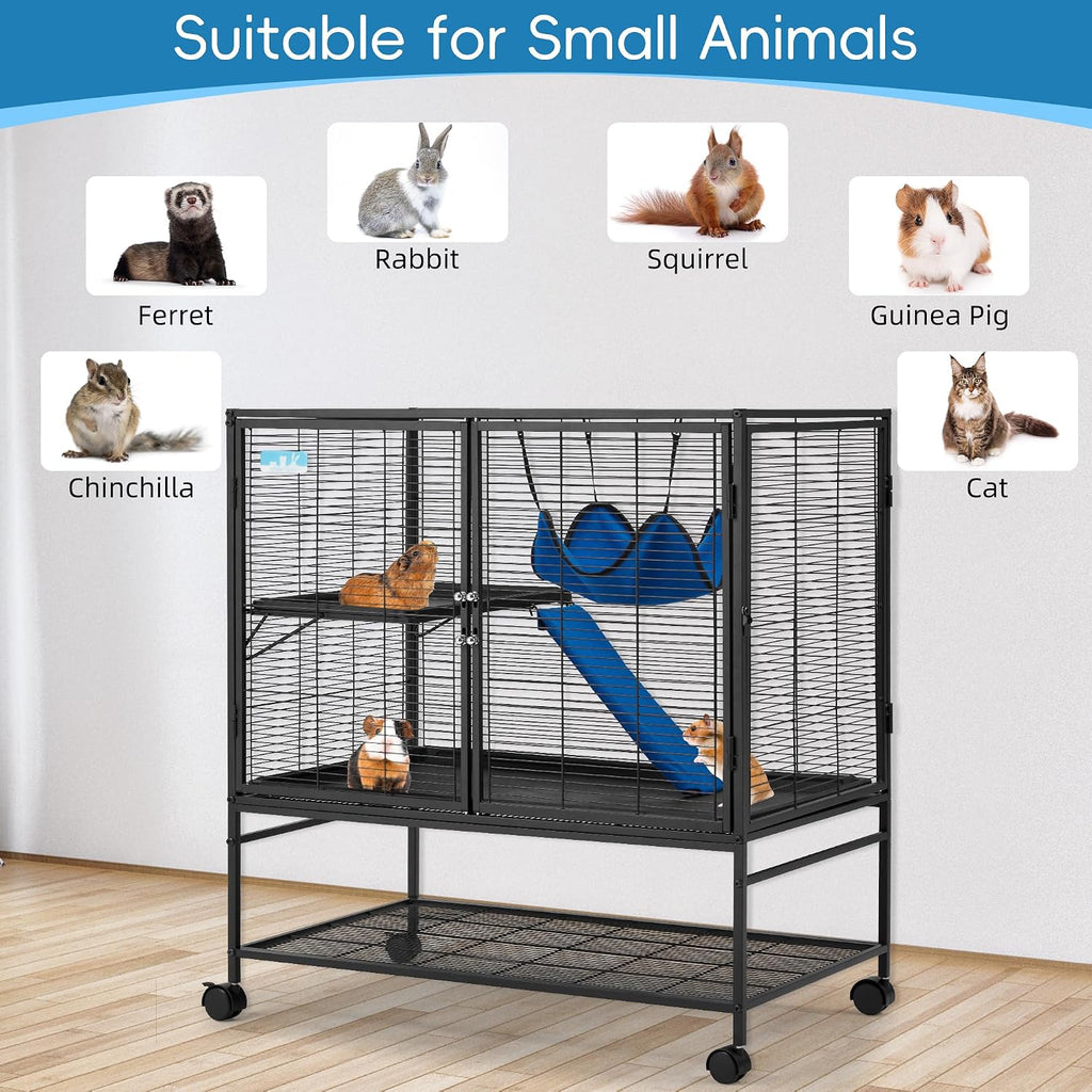 40''H Large Metal Rolling Ferrets Cage, 2-Tiers Small Animal Cages, Cage for Rats/Chinchillas, 0.5'' Bar Spacing for
