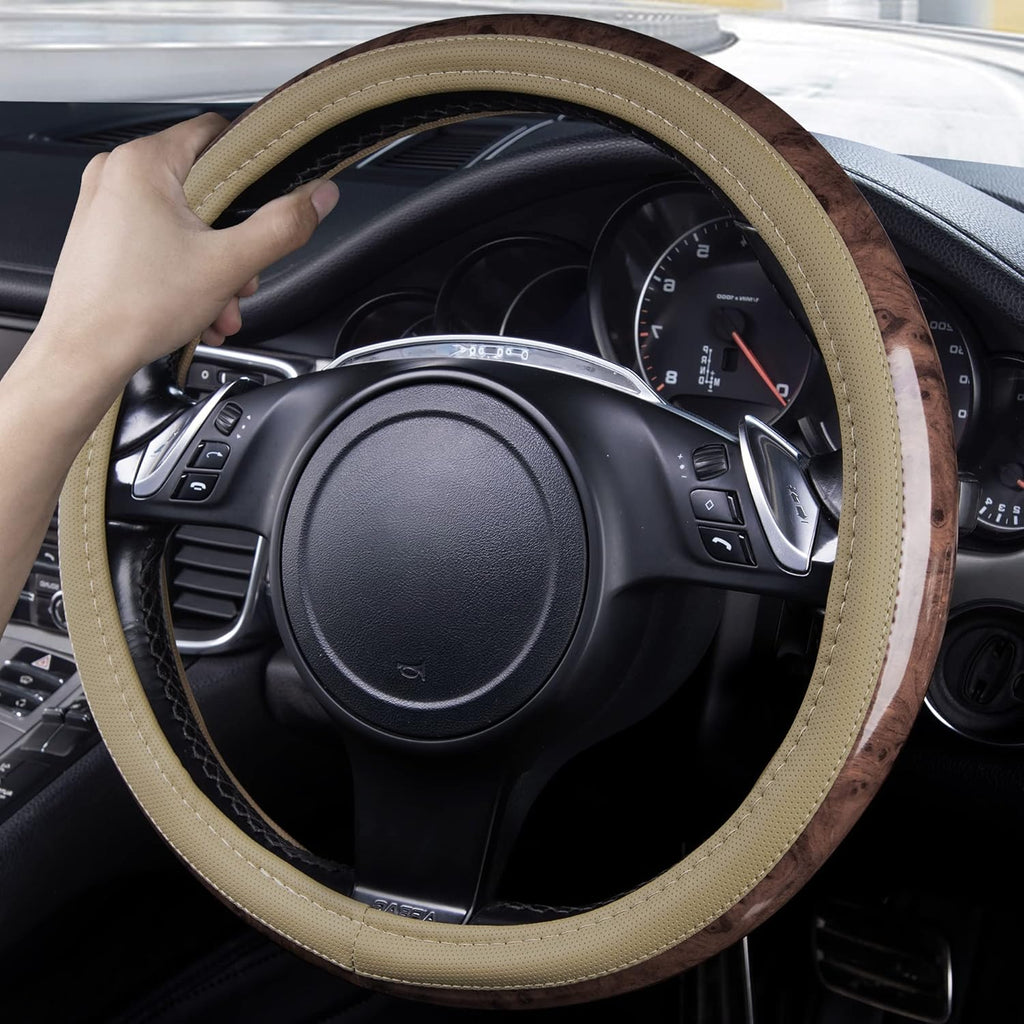 Wood Grain 14.5-15 inch Microfiber Leather Steering Wheel Cover, Anti-Slip Veins Design Steering Wheel Universal Fit