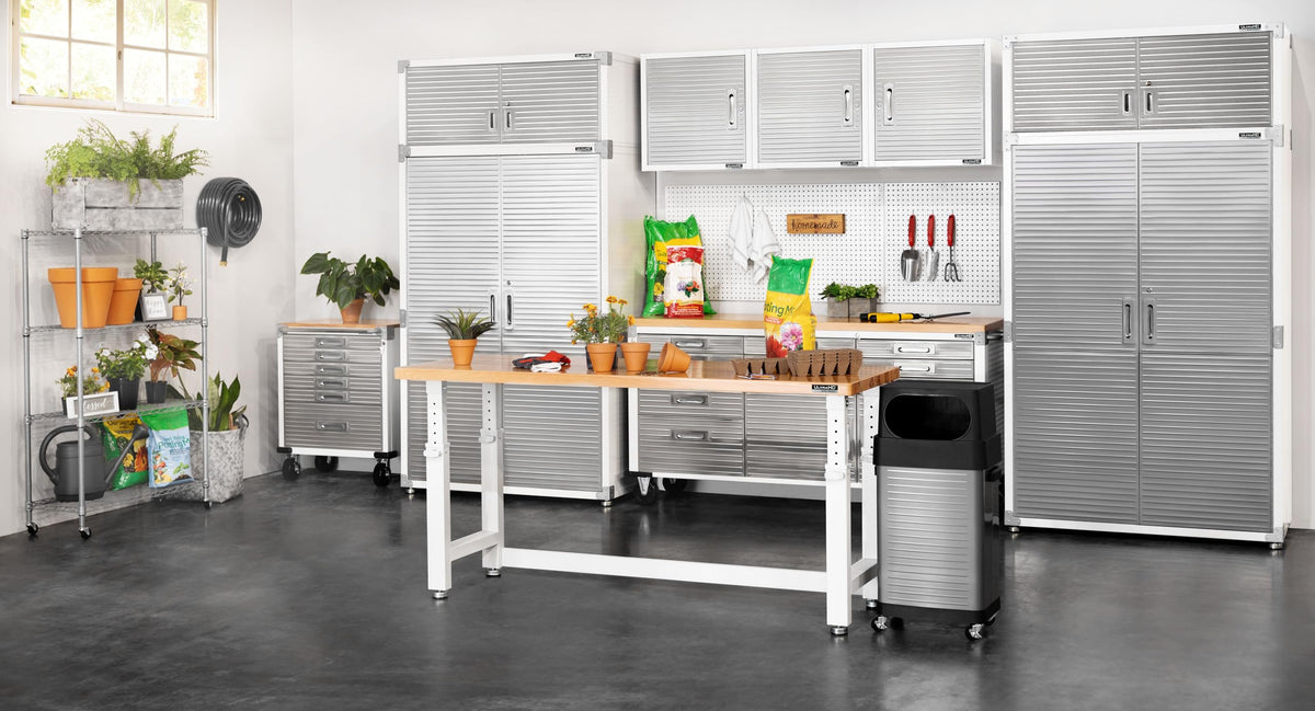 UltraHD Heavy Duty Rolling Cabinet Workbench Table w/Solid Wood Top, Workstation for Garage, Office, Workshop, White