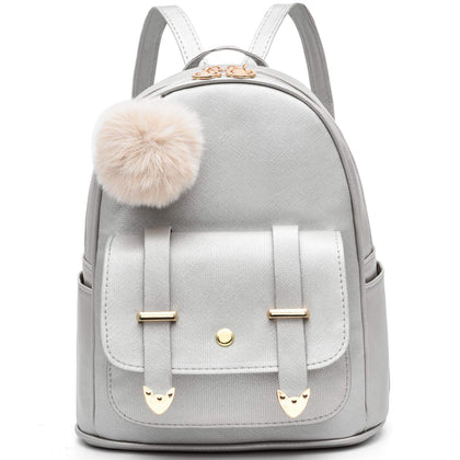Girls Fashion Backpack Mini Backpack Purse for Women Teenage Girls Purses PU Leather Pompom Backpack Shoulder Bag Silver