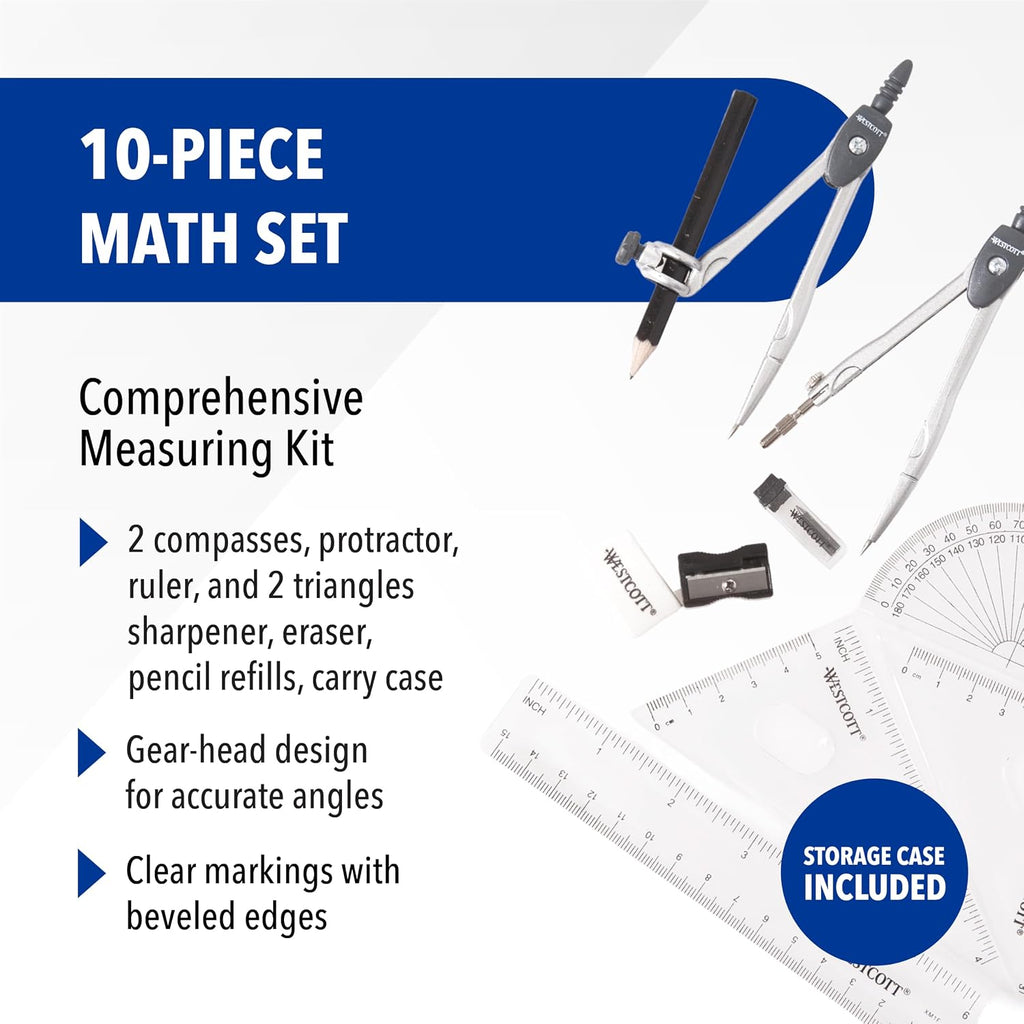 10-Piece Math Set for Students, Includes 2 Compasses, Protractor & Ruler, Back to School, Classroom, School Supplies