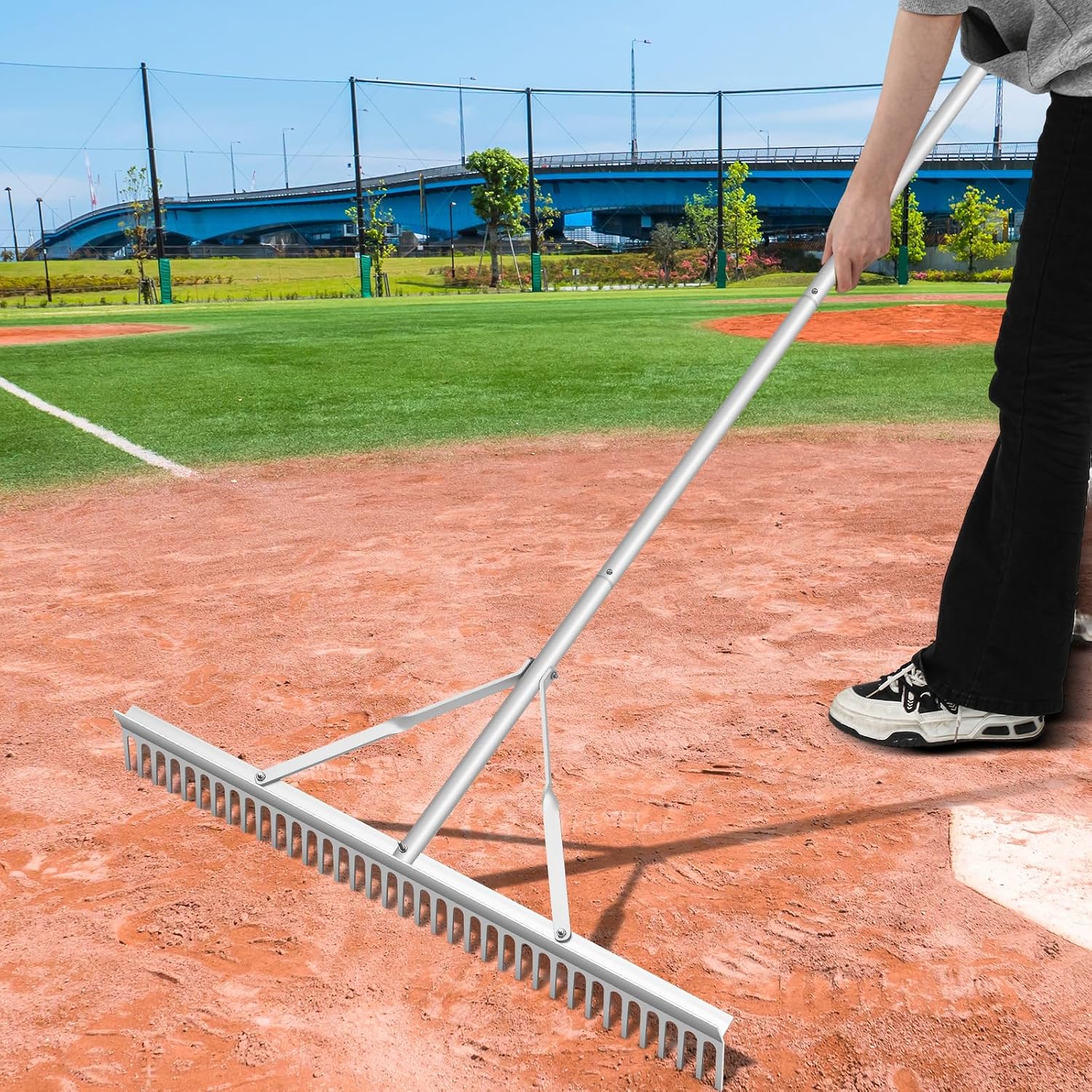 Aluminum Maintenance Rake 36 Inch Baseball Field Garden Landscape Rake with 66''-98'' Adjustable Handle for Yard